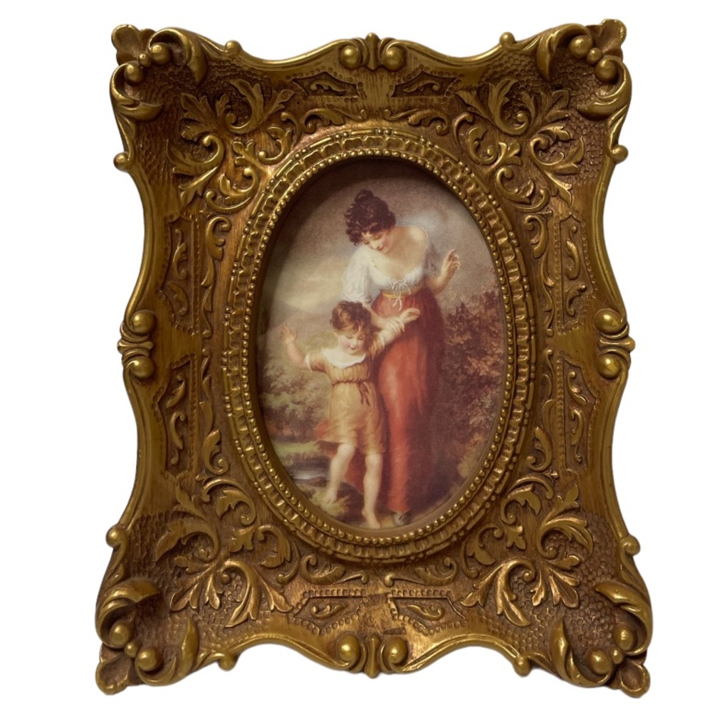 Vintage Ornate Picture Frame Antique Photo Gold Floral Victorian Woman & Child
